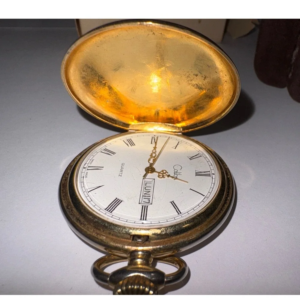 Colibri Vintage Pocket Watch TwoTone Hunter Case Swiss Quartz Day Date Roman Num